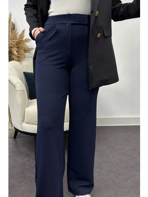 Tesettür Diyarı Kadın Likralı Krep Kumaş Cırt Cırtlı Pantolon-Lacivert