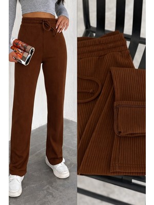 Gugus Kadın Bol Paça Içi Polarlı Fitilli Pantolon Içi Wide Leg Eşofman Altı