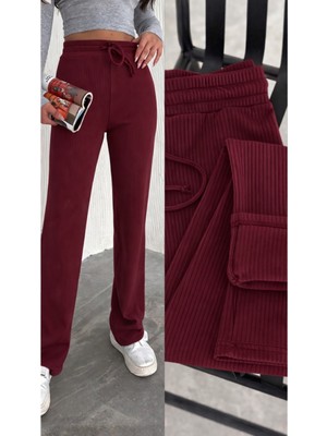 Gugus Kadın Bol Paça Içi Polarlı Fitilli Pantolon Içi Wide Leg Eşofman Altı Bordo