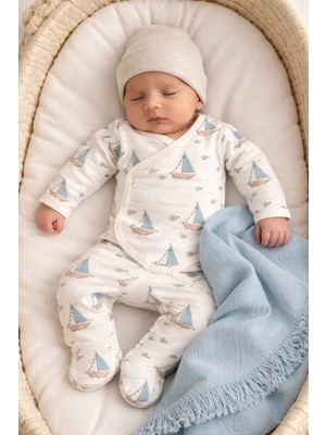 Gemi Balık Baskılı Kruvaze Body Mavi 3 Lü Takım 56 cm  Ay ( Müslin Battaniyeli )