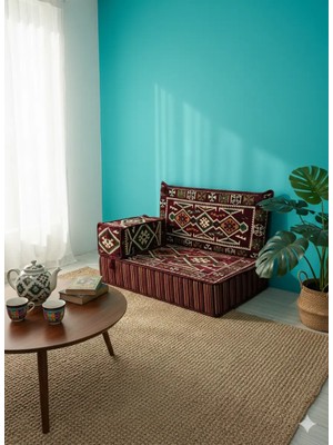 Bakırözü Home Şark Köşesi Takımı , 95 cm Yer Minderi Bordo Anadolu Modeli - (20 cm Minder Kalınlıklı)