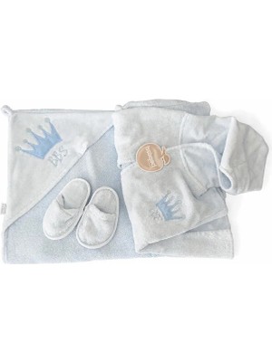 Bebessi Erkek Bebek Banyo Seti Pamuklu – Kapüşonlu Havlu, Bornoz ve Terlik – Açık Mavi