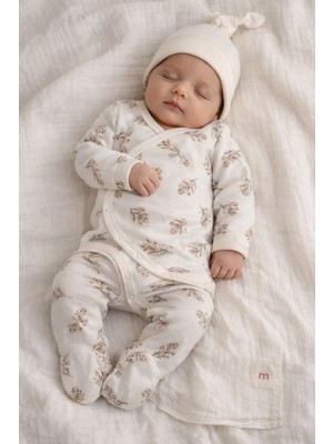 Yaprak Baskılı Kruvaze Body Bej 3 Lü Takım 56- 62 cm Ay (Müslin Battaniyeli ) 4949