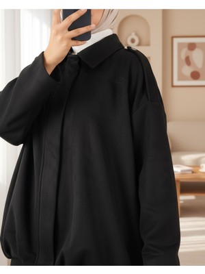 Modamorfo Omzu Apoletli Önü Fermuarlı Astarlı Süet Ceket -Siyah