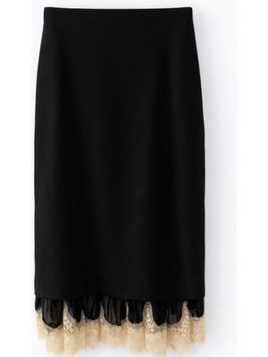 Butik Siyah Dantel Detaylı Kalem Etek %100 Pamuk