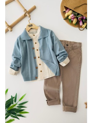 Miniğimin Cicileri Örgü Detaylı Triko Hırkalı Gömlekli Erkek Çocuk 3 Lü Takım - Mavi