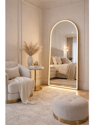 Todek Home Ayaklı Boy Aynası 70X180 cm - Gold Metal Kasa Ledli Işıklı Kemer Model Dekoratif Ayna