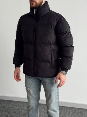 Erkek Marrakech Kalın Fitilli Oversize Kadife Şişme Mont-Siyah