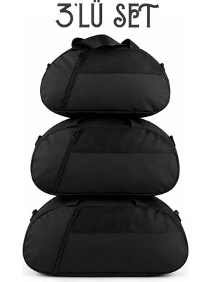 Kaff Siyah 3'lü Set D Valiz Önü Cepli Ayarlanabilir Omuz Askılı El Seyahat Spor Çantası