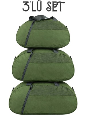 Kaff Haki 3'lü Set D Valiz Önü Cepli Ayarlanabilir Omuz Askılı El Seyahat Spor Çantası