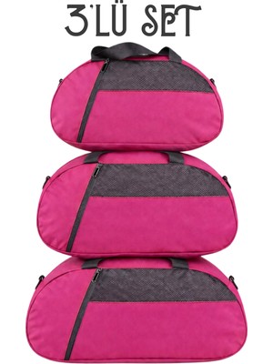 Kaff Pembe 3'lü Set D Valiz Önü Cepli Ayarlanabilir Omuz Askılı El Seyahat Spor Çantası