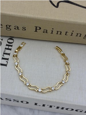 Hedef Bujiteri 14K Gold Renk Dalgalı Form Zirkon Taşlı Bileklik CM119