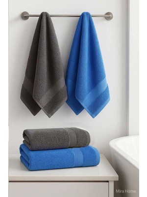 Mira Home 4 Parça Banyo Havlu Takımı %100 Pamuklu Dry Antrasit Mavi