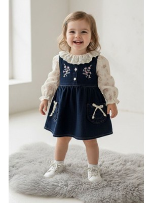 Miniğimin Cicileri Çiçek Nakışlı Kot Jileli Fırfır Yaka Kız Bebek Elbise Takım - Lacivert