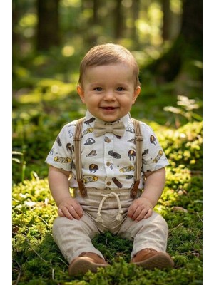 Cattackids %100 Pamuk Erkek Bebek Askılı Papyonlu Kaykay Desenli Gömlek ve Pantolon Takımı