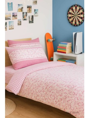 Mira Home Pembe Çiçek Desenli Pamuklu Tek Kişilik Nevresim Takımı