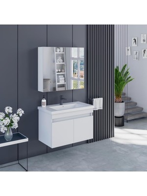 Banyo Dolabı 80 cm Icon Ayna Dolaplı Alt Üst Modül ve Seramik Lavabo Quarterbath