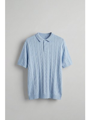 Abluka Online Erkek Regular Fit Saç Örgü Pamuklu Triko Polo Yaka T-Shirt Mavi