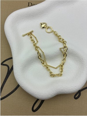 Hedef Bujiteri 14K Gold Renk Basıc Çift Sıra Zincirli Kalp Uçlu Bileklik CM109