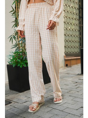 Molly Nelly Kadın Pöti Kareli Ekoseli Gofre Ince Lastikli Pantolon