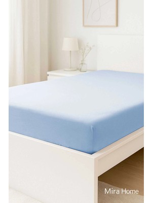 Mira Home Çift Kişilik Düz Penye  %100 Pamuklu Lastikli Çarşaf 200X200 cm Battal  Boy Newsheet Mavi