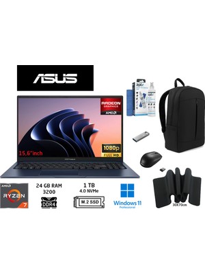 Asus Vivobook 15 M1502YA-BQ579 Amd Ryzen 7 5825U 24GB 1tb SSD 15.6" Taşınabilir BILGISAYAR+W11 Pro+Duddi Çanta+Mouse+Mousepad+Usbbellek+Temizlikkit
