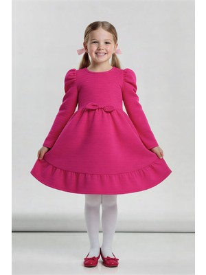 Modanino Kız Çocuk Elbise -Vatka Omuzlu-Fiyonk Detaylı 2-10 Yaş 12530