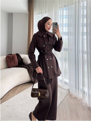 Molly Nelly Kadın Skuba Çıtçıt Kapamalı Kuşaklı Pantolonlu Takım