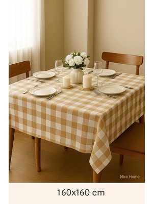 Mira Home Fiber Kareli Masa Örtüsü Sofra Bezi Ekose Desen 160X160 cm Bej