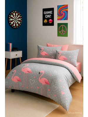Mira Home Flamingo Desenli  Pamuklu Tek Kişilik Nevresim Takımı