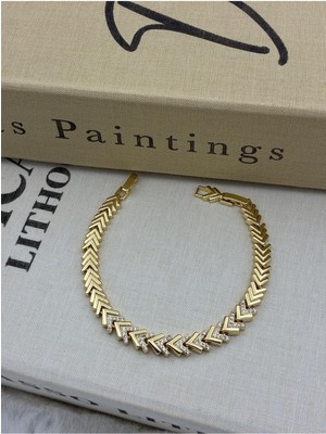 Hedef Bujiteri 14K Gold Renk Zirkon Taşlı V Model Balık Sırtı Bileklik CM15