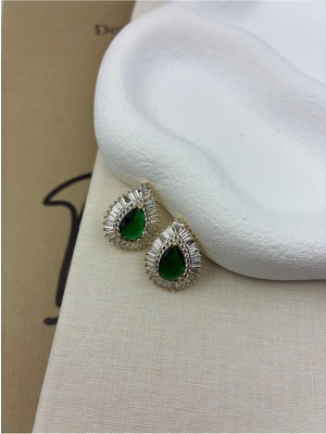 Hedef Bijuteri Gold Renk Damla Model Gümüş Yeşil Zirkon Taşlı Küpe