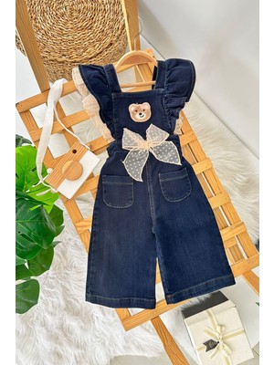 Miniğimin Cicileri Ayıcık Panç Işleme Fiyonk Detaylı Kız Çocuk Kot Salopet - Lacivert