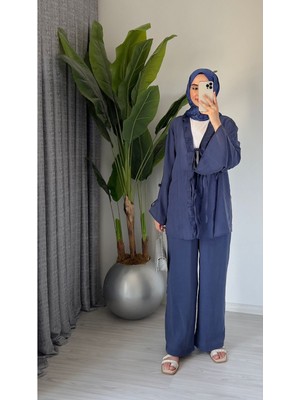 Molly Nelly Kadın Yazlık Pamuk Vual Astarlı Bağcık Detaylı Lacivert Pantolon Bluz Takım