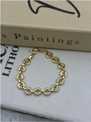 Hedef Bujiteri 14K Gold Renk Zirkon Taşlı Kalın Yuvarlak Halka Detaylı Bileklik Cm9