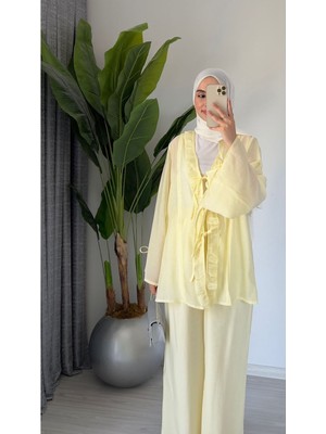 Molly Nelly Kadın Yazlık Pamuk Vual Astarlı Bağcık Detaylı Lacivert Pantolon Bluz Takım