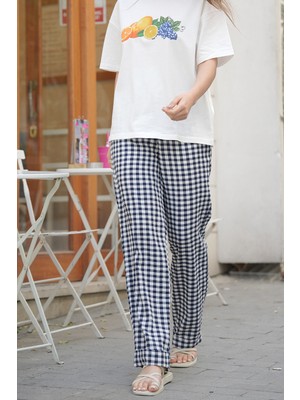 Molly Nelly Kadın Pöti Kareli Ekoseli Gofre Ince Lastikli Pantolon