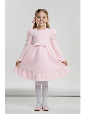 Modanino Kız Çocuk Elbise -Vatka Omuzlu-Fiyonk Detaylı 2-10 Yaş 12530