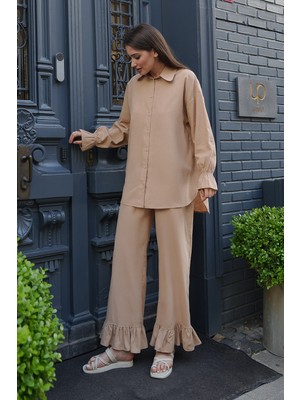 Molly Nelly Kadın Paça Manşet Detaylı Keten Uzun Gömlek Pantolon Takım