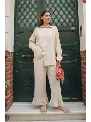 Molly Nelly Kadın Paça Manşet Detaylı Keten Uzun Gömlek Pantolon Takım
