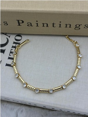 Hedef Bujiteri 14K Gold Renk Silindir Model Zincir Aralıklı Zirkon Taşlı Kadın Bileklik CM54