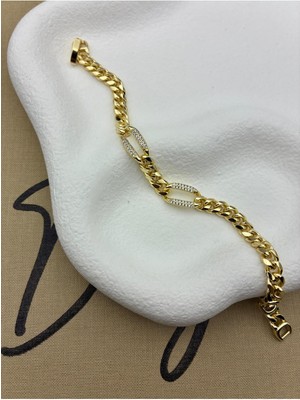Hedef Bujiteri 14K Gold Renk Gurmet Zincirli Oval Taş Bağlantılı Bileklik CM42