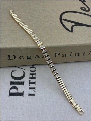 Hedef Bujiteri 14K Gold Renk Zirkon Taşlı Sıralı Dikdörtgen Plaka Bileklik CM19