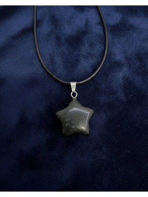 Meneva Aksesuar Obsidyen Doğal Taş Yıldız Kesim Deri Ipli Kolye