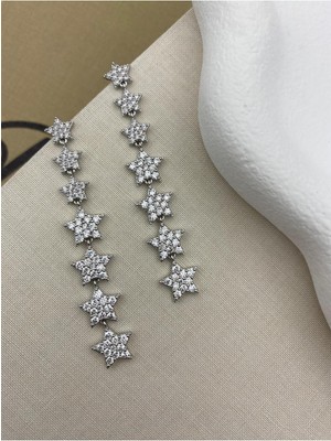 Hedef Bijuteri Gümüş Renk Sallantılı Yedi Yıldız Zirkon Taşlı Küpe