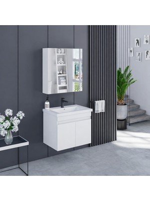 Banyo Dolabı 65 cm Icon Ayna Dolaplı Alt Üst Modül ve Seramik Lavabo Quarterbath