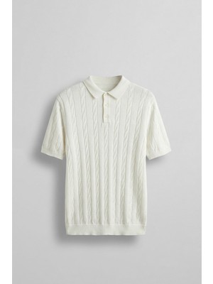 Abluka Online Erkek Regular Fit Saç Örgü Pamuklu Triko Polo Yaka T-Shirt Ekru