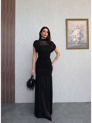 Esra Helvacı Dik Yaka Drapeli Tül Maxi Elbise