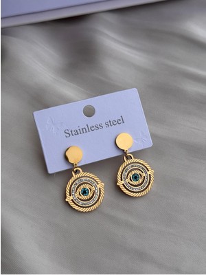 Hercy 316 L Paslanmaz Çelik Küpe | Zirkon Taşlı Göz Küpe | Gold Sallantılı Küpe