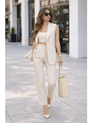 Madame Melek Zr Model Marka Vatkalı Yelek Pantolon Takım - Havuç Pantolon Uzun Yelek Düz Renk Takım